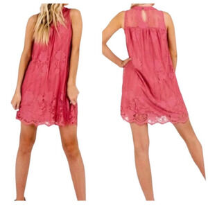 Maurices Womens Shift Dress Pink Mini Floral Keyhole Mock Neck Sleeveless Lace S